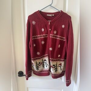 Women’s Red Snowman Zip-up Knit Cardigan Silk Blend Sweater Large